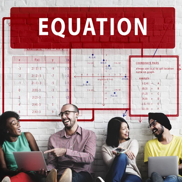 Diversity friends near wall with equation — Stock Photo, Image