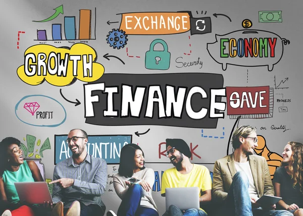Diversity friends near wall with finance — Stock Photo, Image