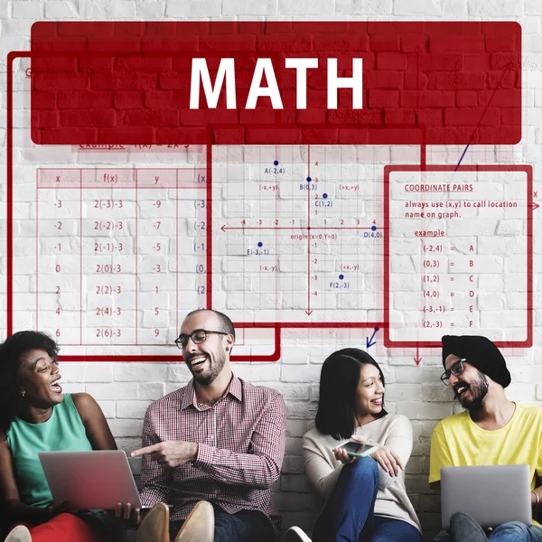 Diversity friends near wall with math — Stock Photo, Image