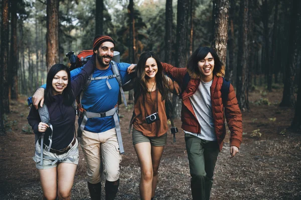 Friends walking together in forest