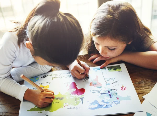 Girls Drawing in coloring-book — Stock Photo, Image