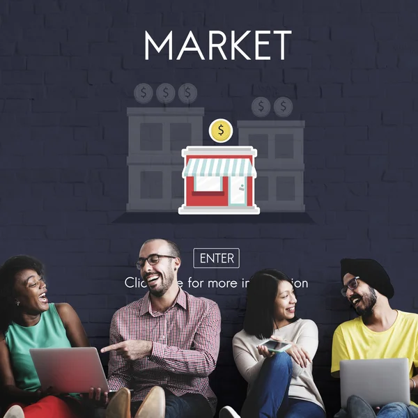 Diversity friends near wall with market — Stock Photo, Image