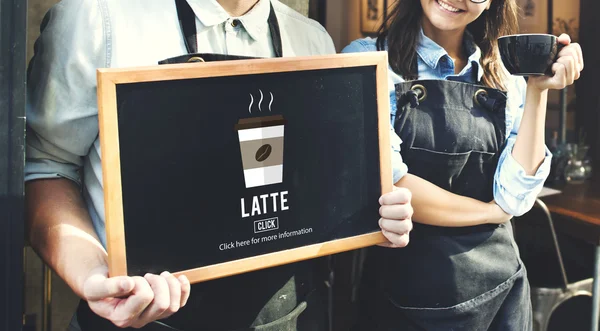 Baristas holding board with text — Stock Photo, Image