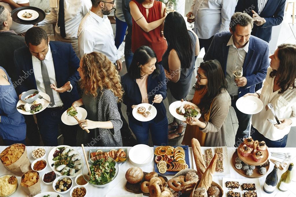 diversity people eating reception food