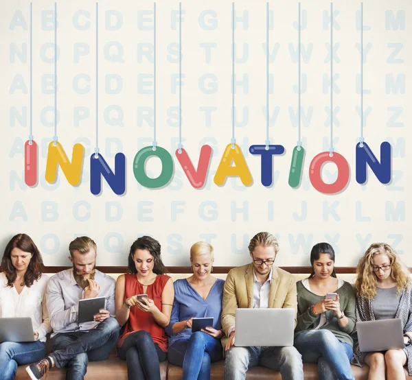 People sit with devices and Innovation — Stock Photo, Image