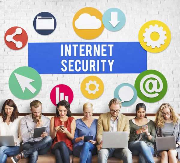 People sit with devices and internet security — Stock Photo, Image