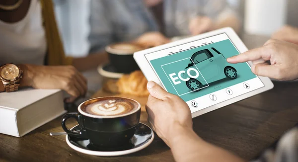 Woman seating in cafe with Tablet — Stock Photo, Image