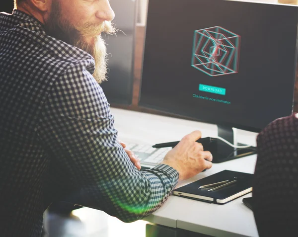 Homem de negócios trabalhando no computador com 3d — Fotografia de Stock