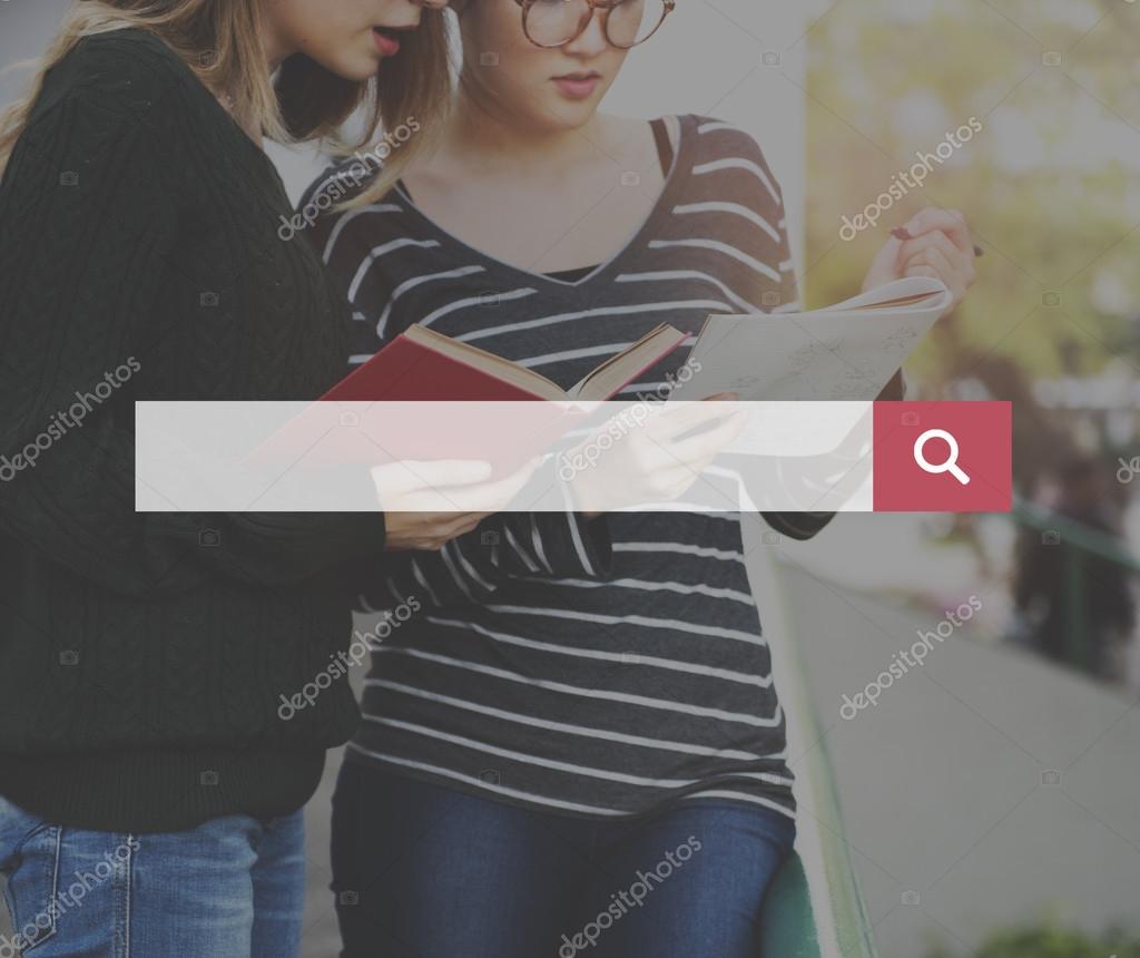 Student girls writing notes in street, education concept