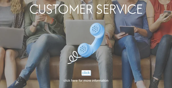 People sit with devices and Customer Service — Stock Photo, Image