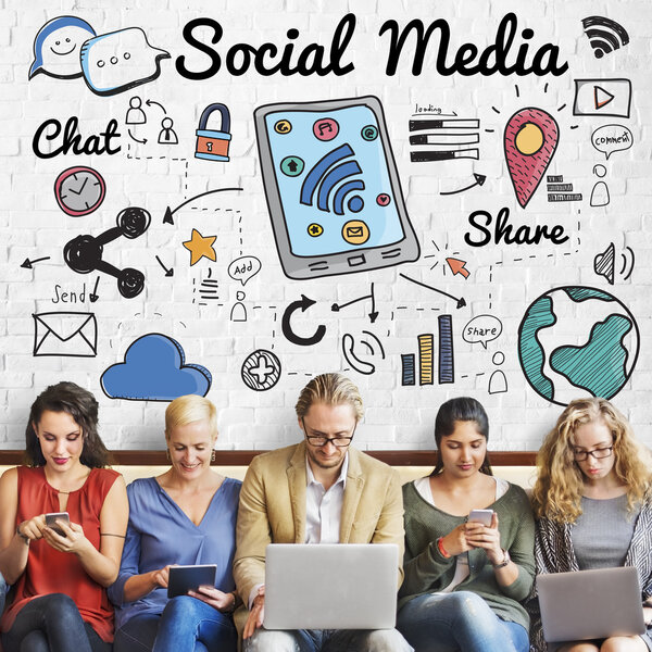 people sit with devices and social media