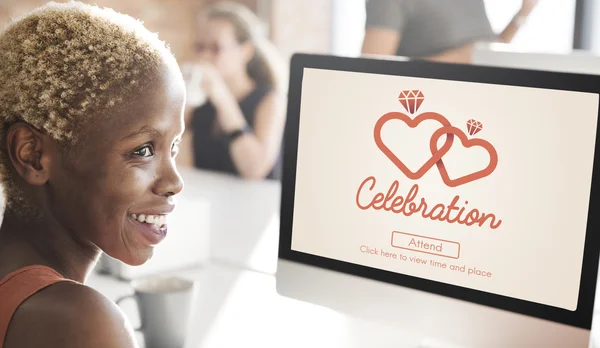 Businesswoman working on computer with Celebration — Stock Photo, Image