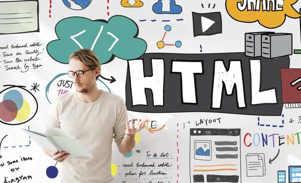 Hombre de negocios trabajando con html — Foto de Stock