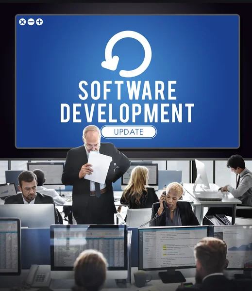 Trabalhadores de negócios e desenvolvimento de software — Fotografia de Stock