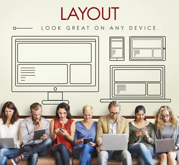 People sit with devices and Layout — Stock Photo, Image