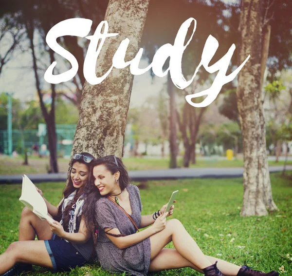 Amigos estudiando en el parque — Foto de Stock