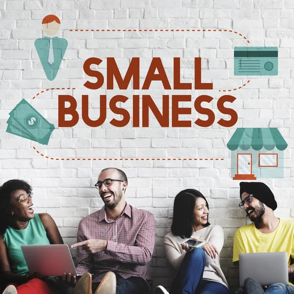 Diversity friends near wall with small business — Stock Photo, Image