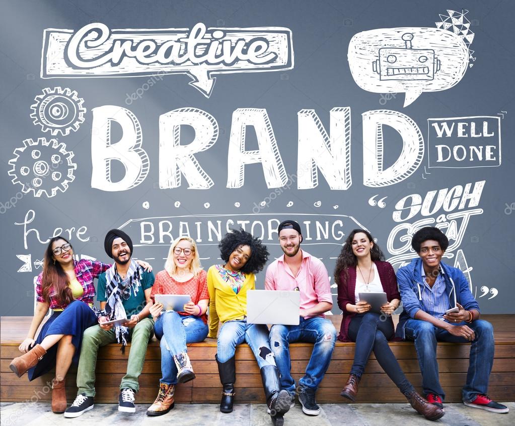 Group of Diversity People Using Digital Devices with Brand Branding, Copyright Trademark, Marketing Concept