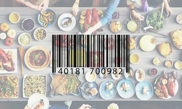 table with food and bar code