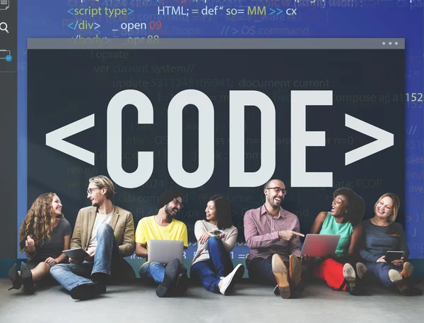 Diversity friends near wall with code — Stock Photo, Image