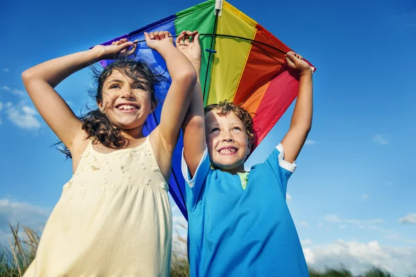 Cheerful Children Playing with Kite — Stockfoto