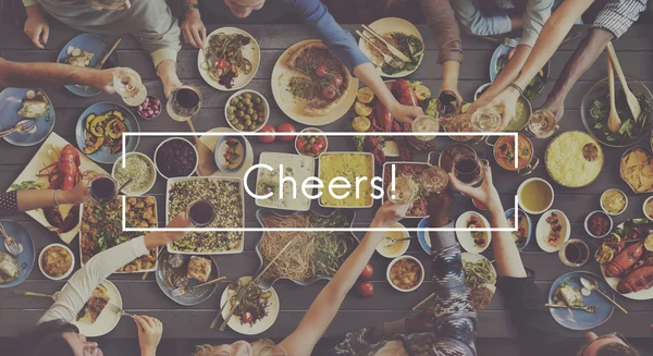 People and food with Cheers — Stock Photo, Image