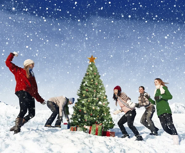 Friends having fun in snow — Stock Photo, Image