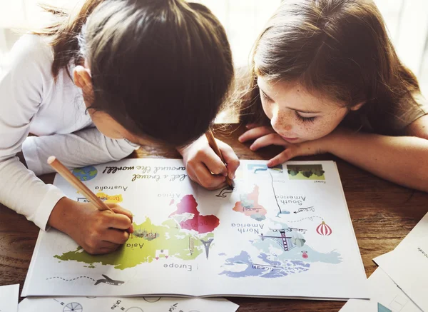 Girls Drawing in coloringbook — Stock Photo, Image