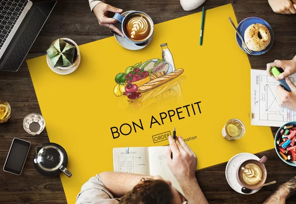 Mesa con póster con Bon Appetit — Foto de Stock