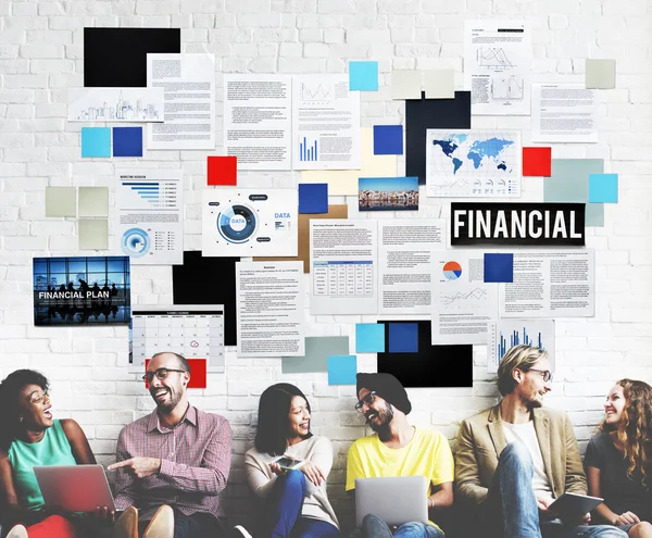 Diversity friends near wall with financial — Stock Photo, Image