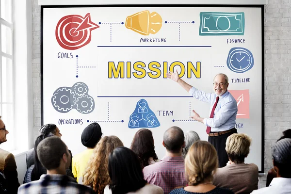 Mensen bij seminar met missie — Stockfoto