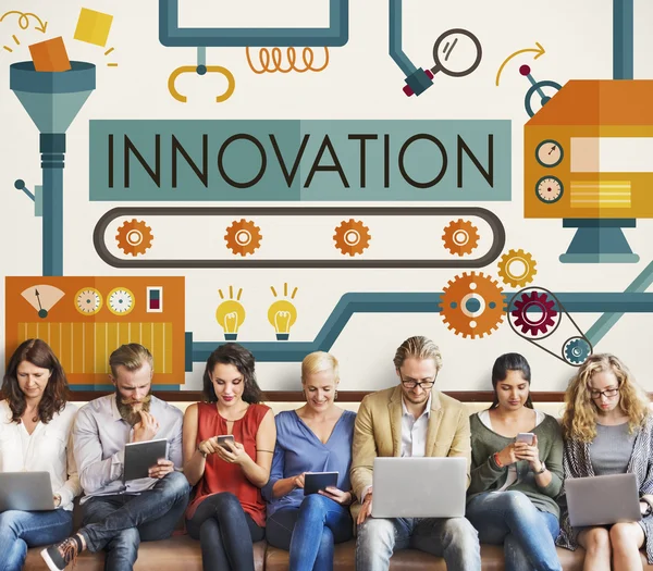 People sit with devices and Innovation — Stock Photo, Image