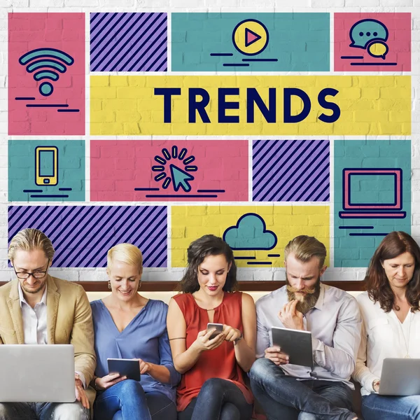 People sit with devices and trends — Stock Photo, Image