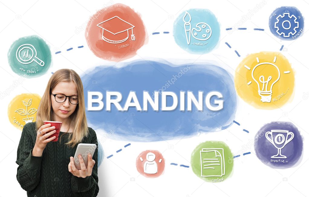 Beautiful blonde girl with mobile and red cup, background with text: Branding