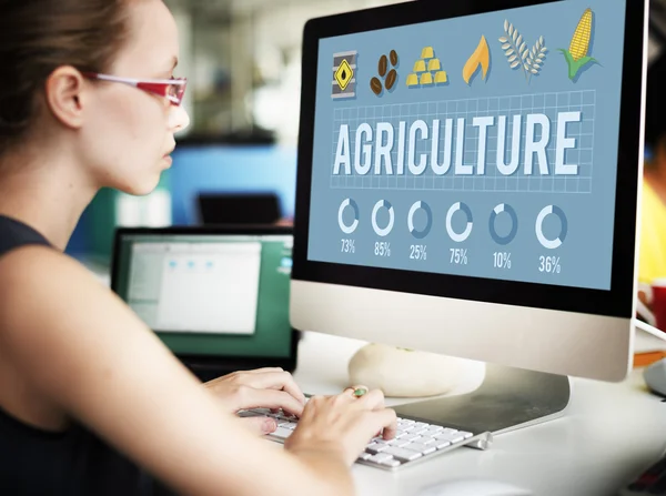 Επιχειρηματίας που εργάζεται στον υπολογιστή με τη γεωργία — Φωτογραφία Αρχείου