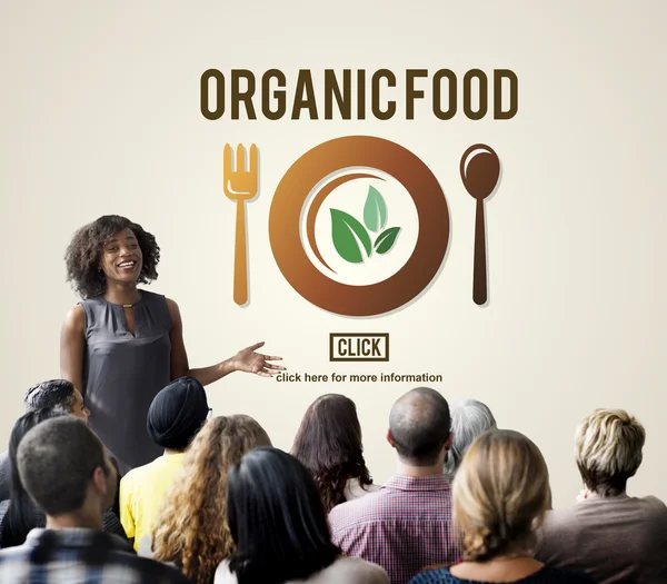 People at seminar with Organic Food — Stock Photo, Image