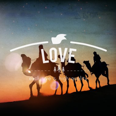 Men riding camels through desert  
