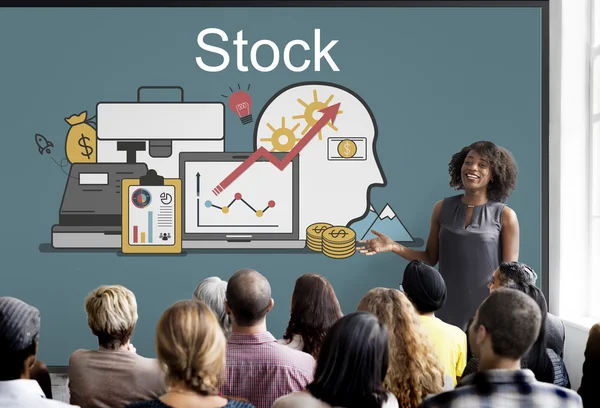 People at seminar with stock — Stock Photo, Image