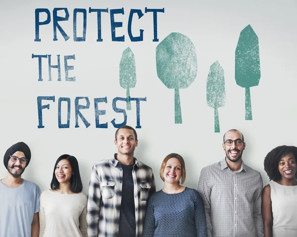 Diversidade de pessoas com Protect The Forest — Fotografia de Stock