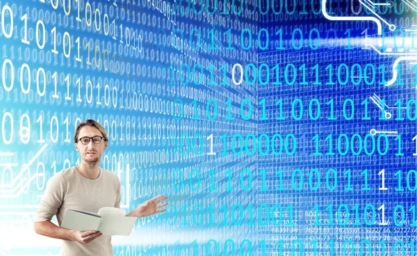 Businessman working with binary code Stock Image