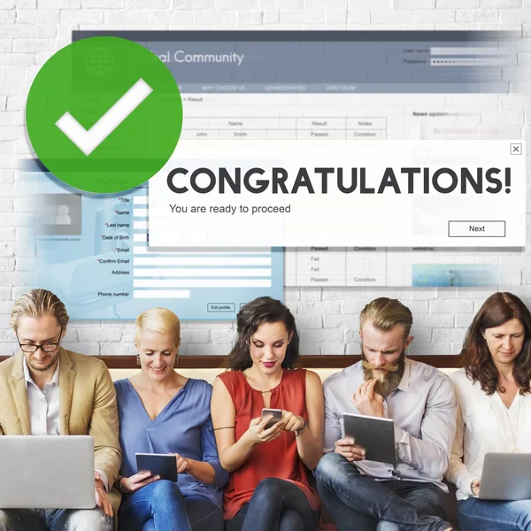 People sit with devices and congratulations — Stock Photo, Image