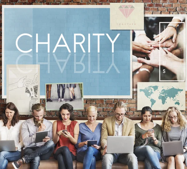 People sit with devices and Charity — Stock Photo, Image