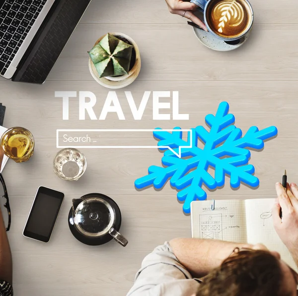 Mesa con póster con Travel — Foto de Stock