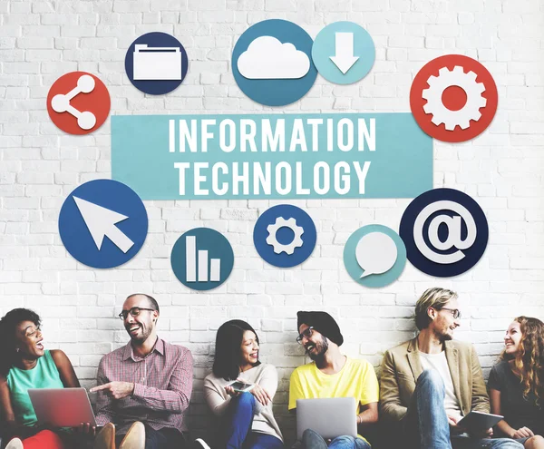 Diversity friends near wall with information technology — Stock Photo, Image