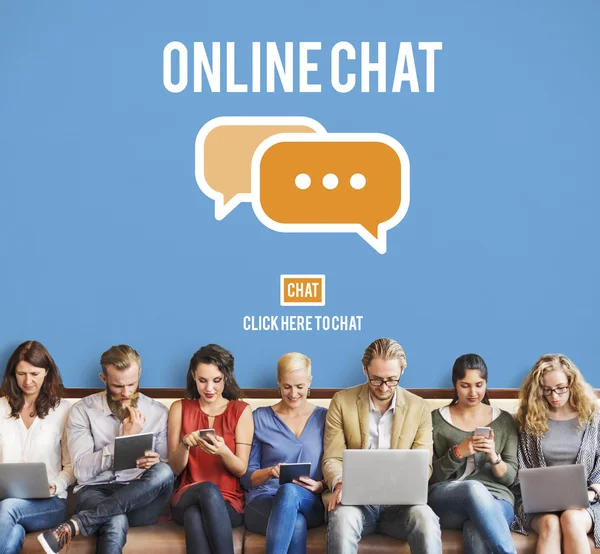 People sit with devices and Online Chat — Stock Photo, Image