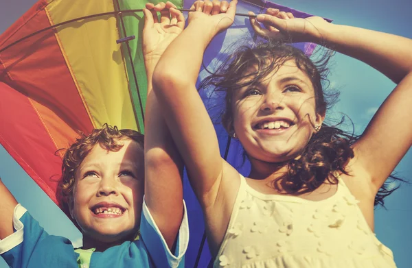 Cheerful Children Playing with Kite — Φωτογραφία Αρχείου