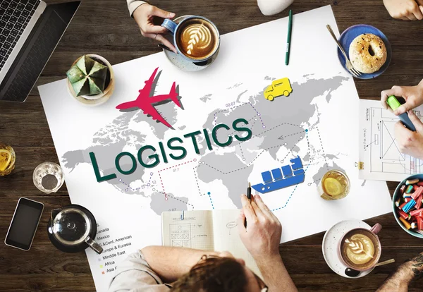 Τραπέζι με αφίσα με Logistics — Φωτογραφία Αρχείου