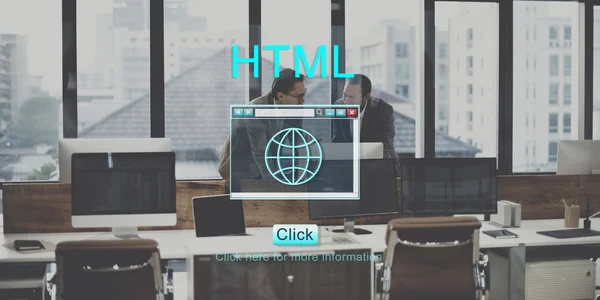 Colleagues discussing and HTML — Stock Photo, Image