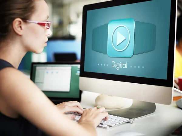 Businesswoman working on computer with digital — Stock Photo, Image