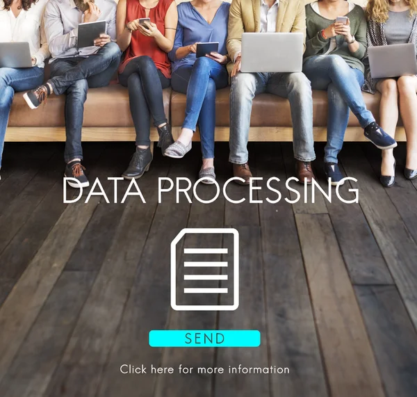 People sit with devices and Data Processing — Stock Photo, Image